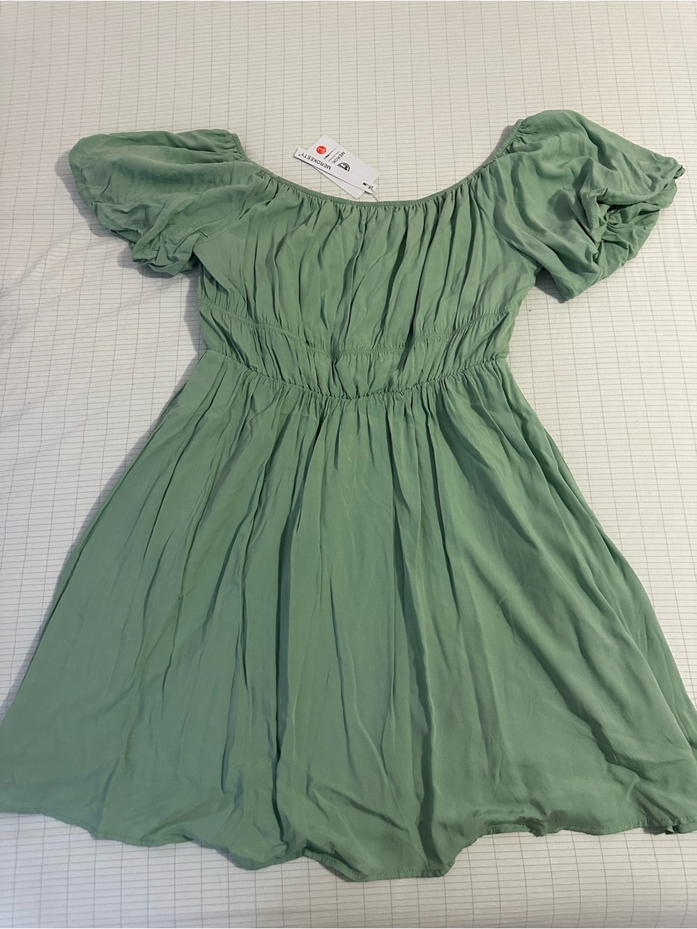 MEROKEETY Light Sage Green Off-Shoulder Dress Large NWT
